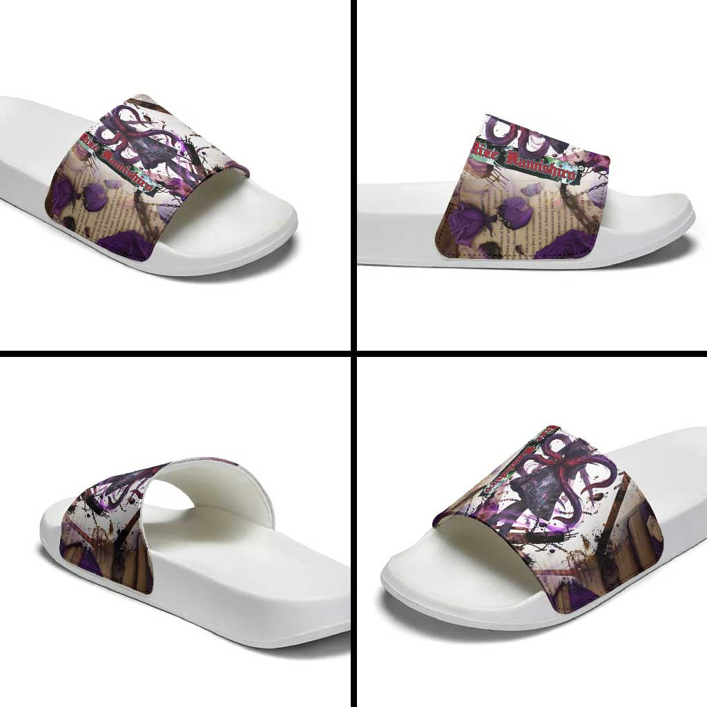 Rize Kamishiro Tokyo Ghoul Slide Sandals Gothic Collage Style with Newspaper and Purple Rose Motif