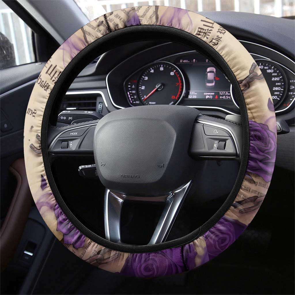 Rize Kamishiro Tokyo Ghoul Steering Wheel Cover Gothic Collage Style with Newspaper and Purple Rose Motif