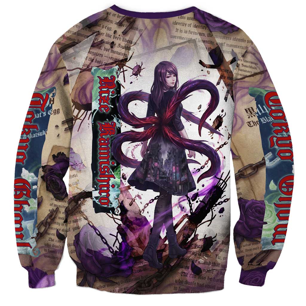 Rize Kamishiro Tokyo Ghoul Sweatshirt Gothic Collage Style with Newspaper and Purple Rose Motif
