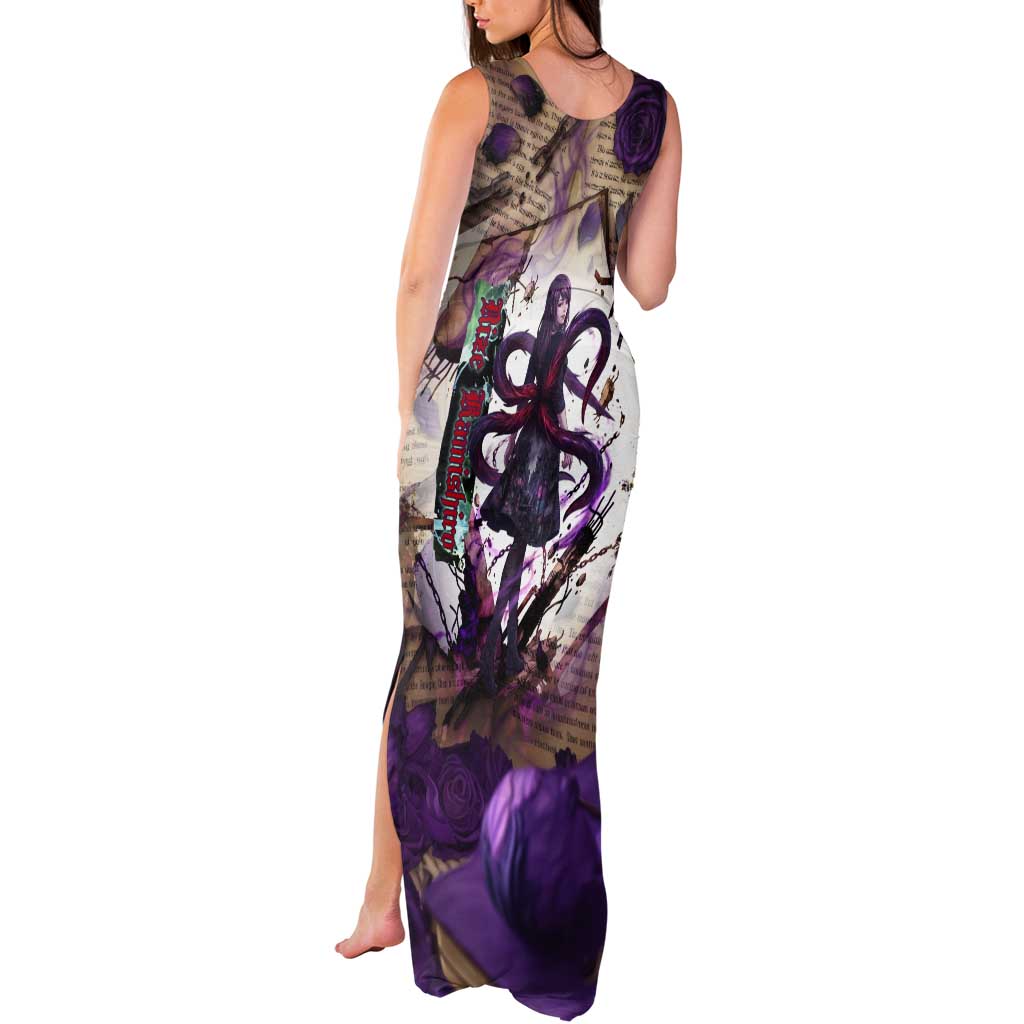 Rize Kamishiro Tokyo Ghoul Tank Maxi Dress Gothic Collage Style with Newspaper and Purple Rose Motif