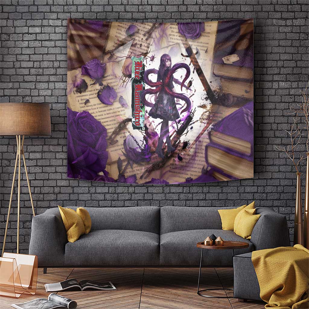 Rize Kamishiro Tokyo Ghoul Tapestry Gothic Collage Style with Newspaper and Purple Rose Motif