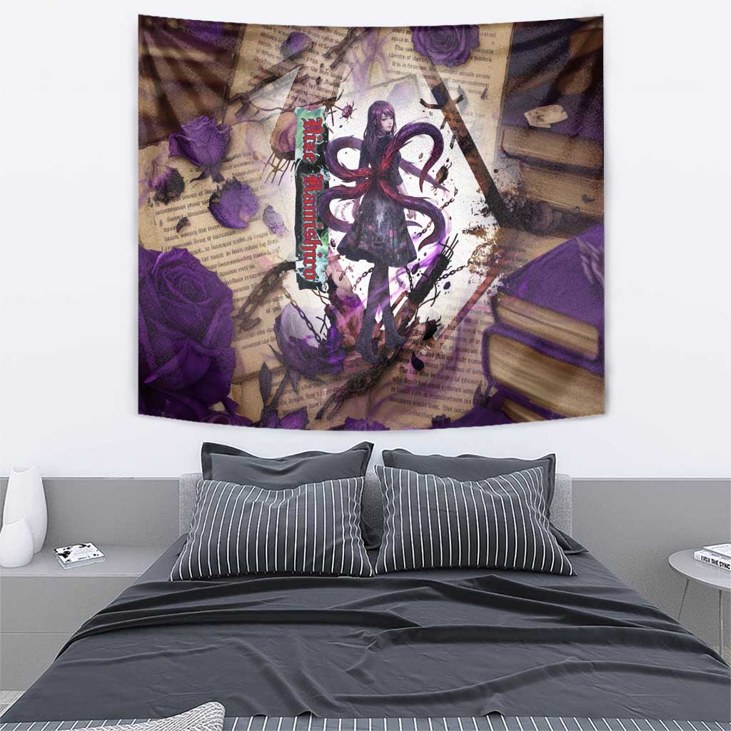 Rize Kamishiro Tokyo Ghoul Tapestry Gothic Collage Style with Newspaper and Purple Rose Motif