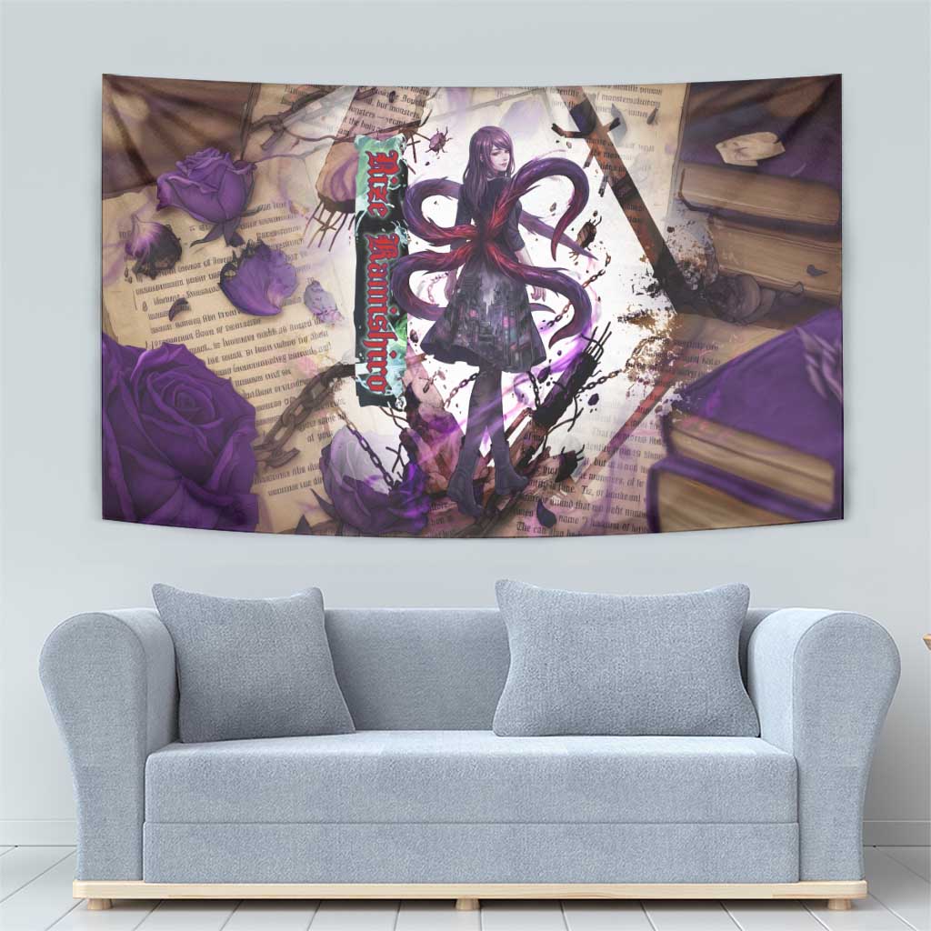 Rize Kamishiro Tokyo Ghoul Tapestry Gothic Collage Style with Newspaper and Purple Rose Motif