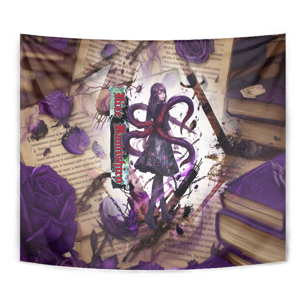 Rize Kamishiro Tokyo Ghoul Tapestry Gothic Collage Style with Newspaper and Purple Rose Motif