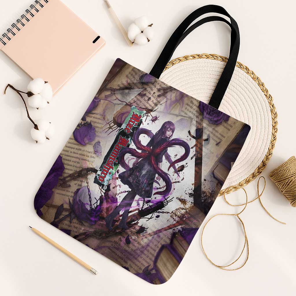 Rize Kamishiro Tokyo Ghoul Tote Bag Gothic Collage Style with Newspaper and Purple Rose Motif