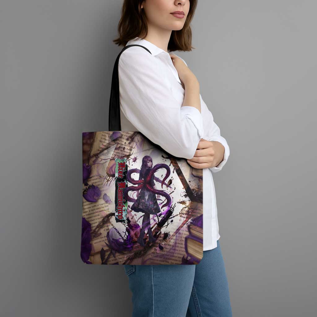 Rize Kamishiro Tokyo Ghoul Tote Bag Gothic Collage Style with Newspaper and Purple Rose Motif