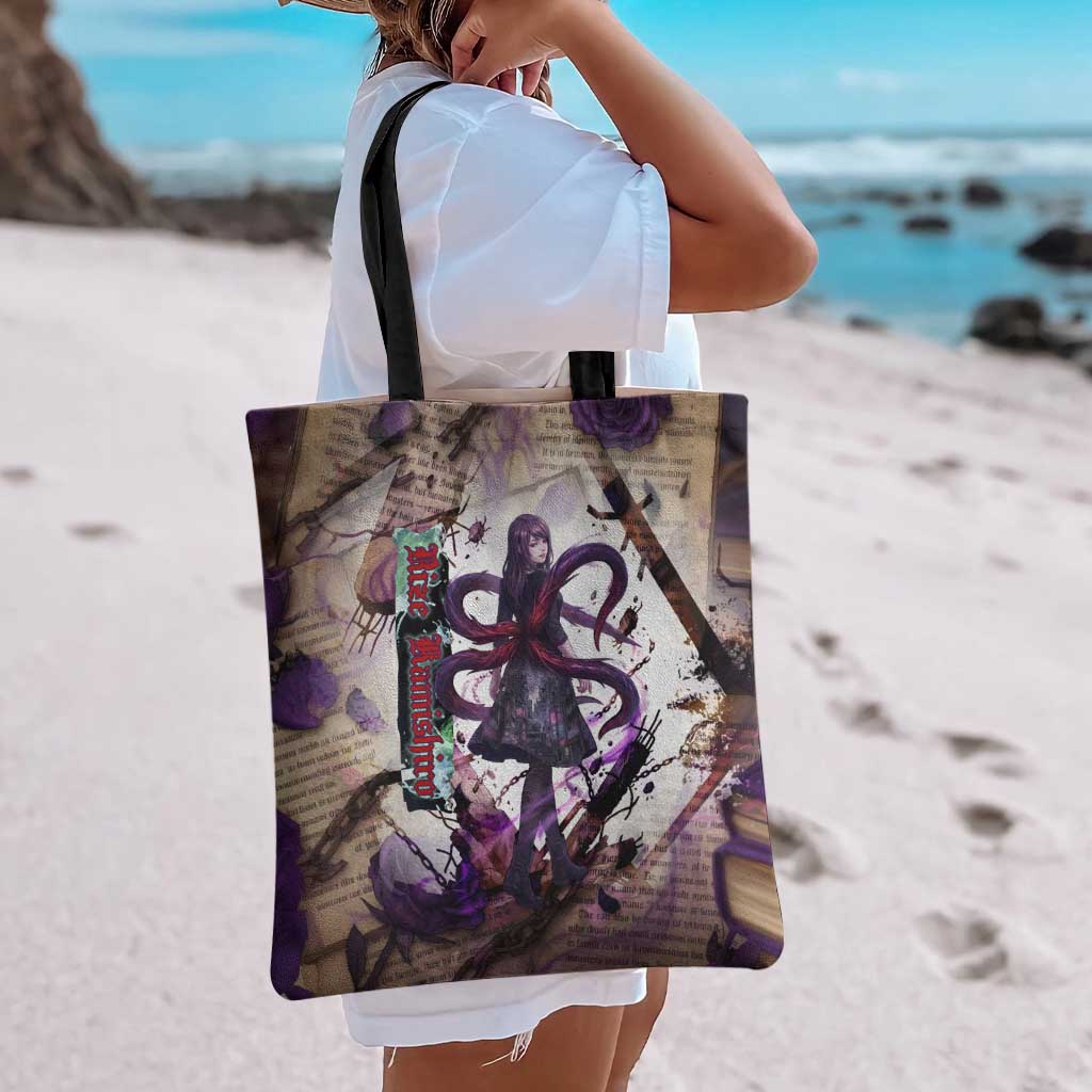 Rize Kamishiro Tokyo Ghoul Tote Bag Gothic Collage Style with Newspaper and Purple Rose Motif
