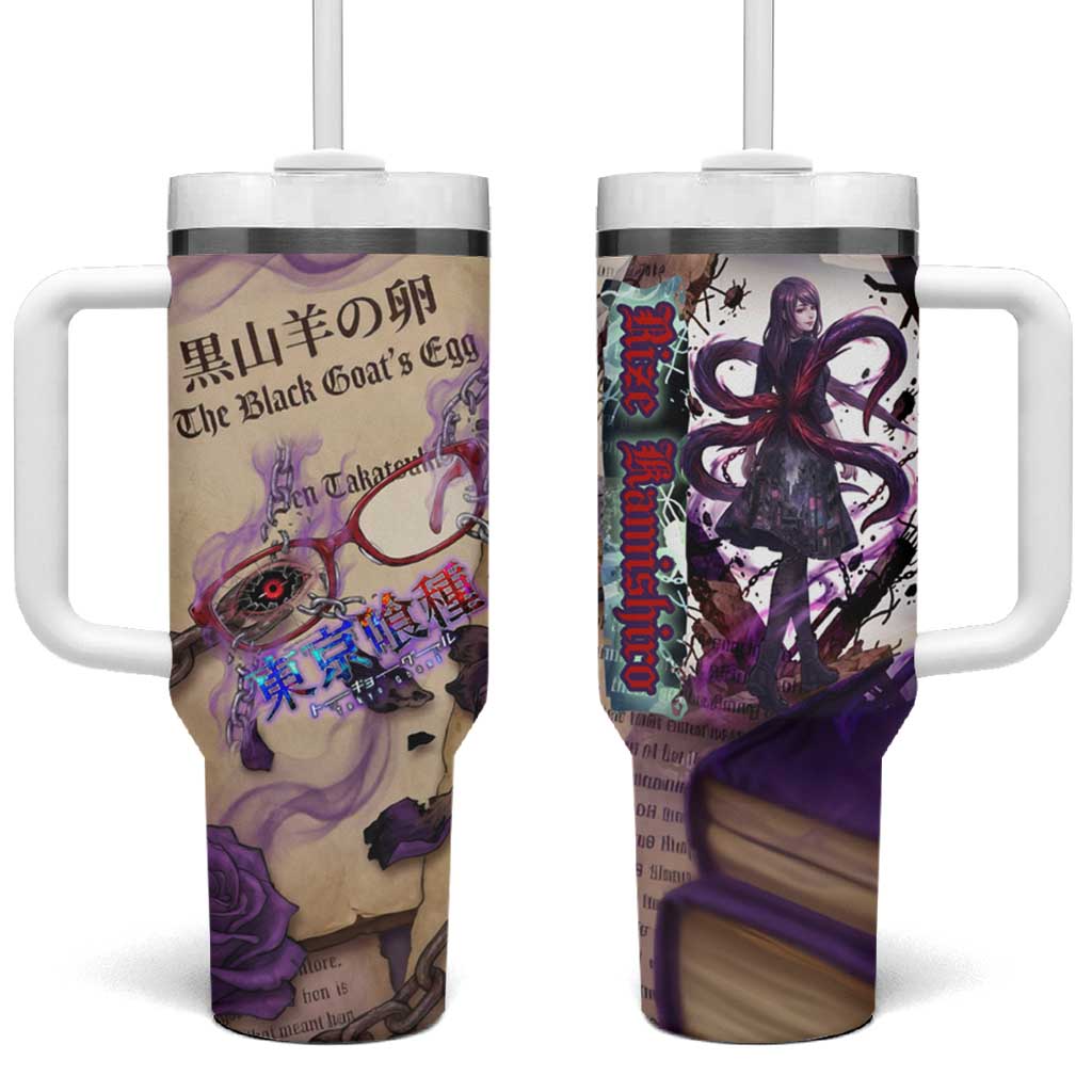 Rize Kamishiro Tokyo Ghoul Tumbler With Handle Gothic Collage Style with Newspaper and Purple Rose Motif
