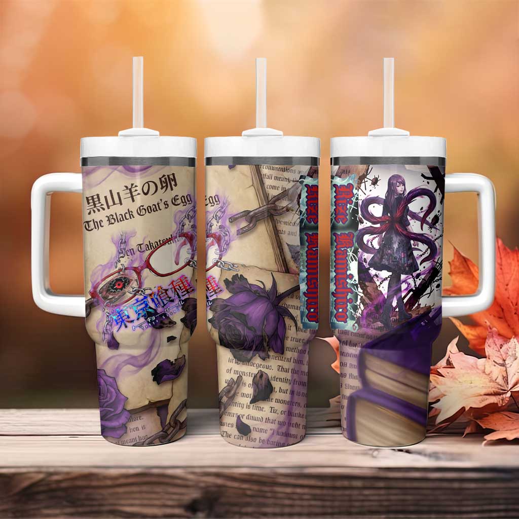 Rize Kamishiro Tokyo Ghoul Tumbler With Handle Gothic Collage Style with Newspaper and Purple Rose Motif