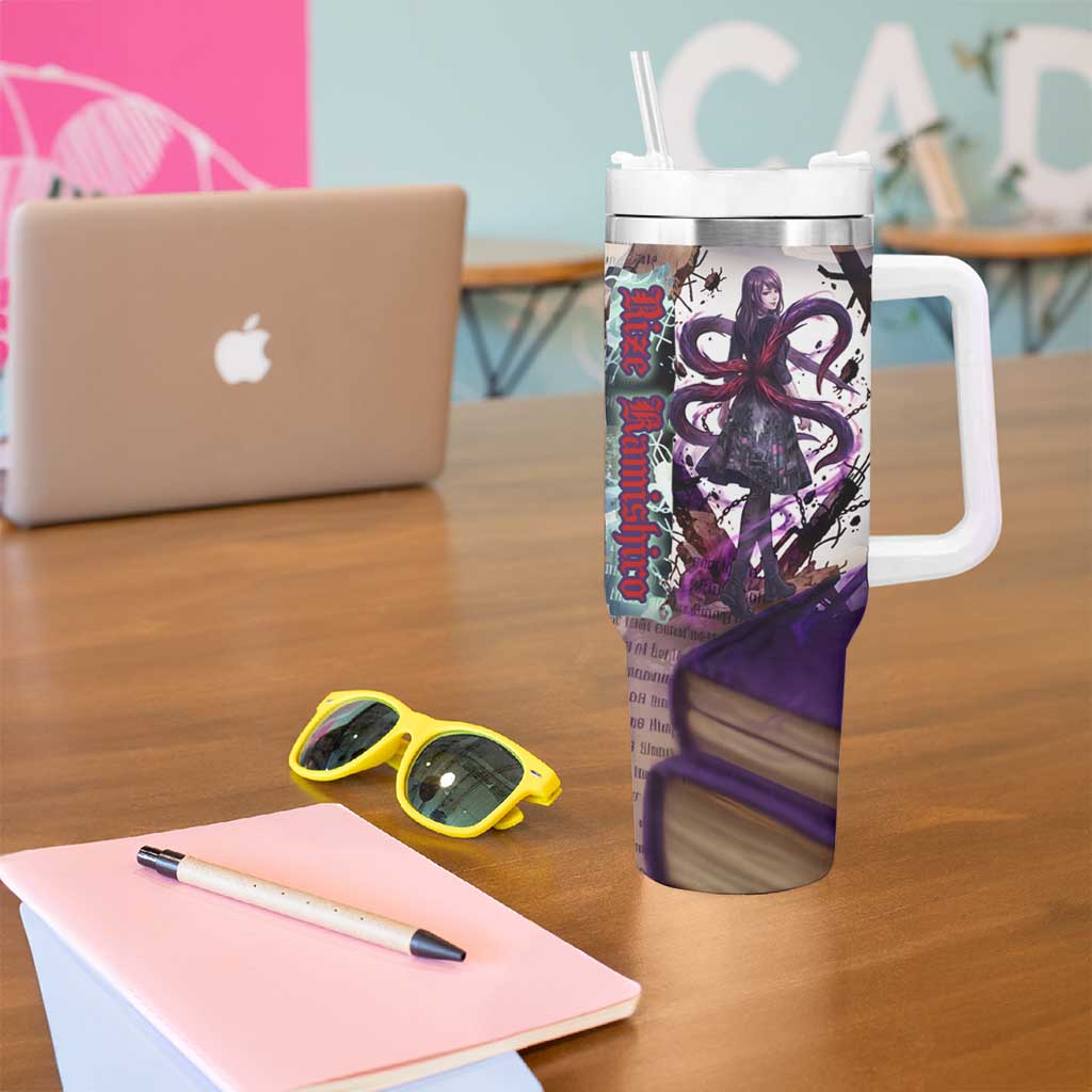 Rize Kamishiro Tokyo Ghoul Tumbler With Handle Gothic Collage Style with Newspaper and Purple Rose Motif