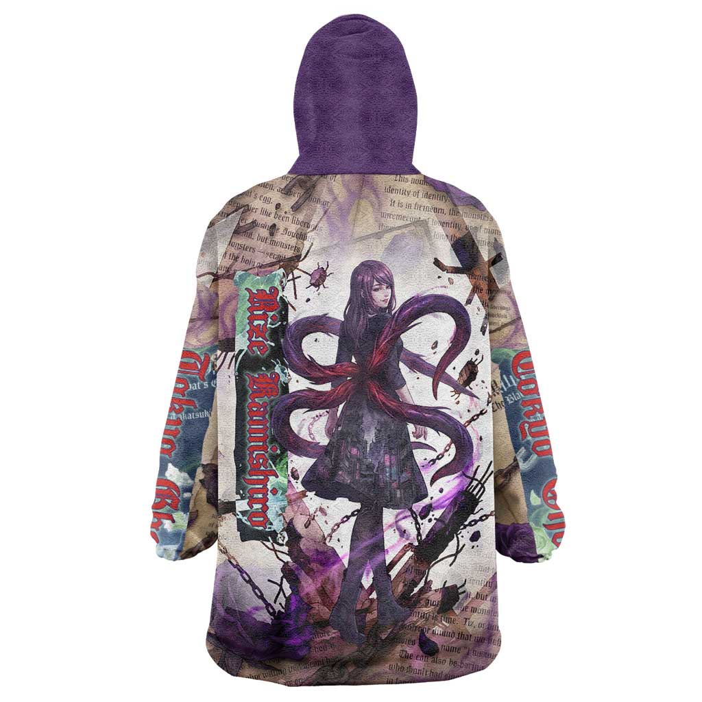 Rize Kamishiro Tokyo Ghoul Wearable Blanket Hoodie Gothic Collage Style with Newspaper and Purple Rose Motif