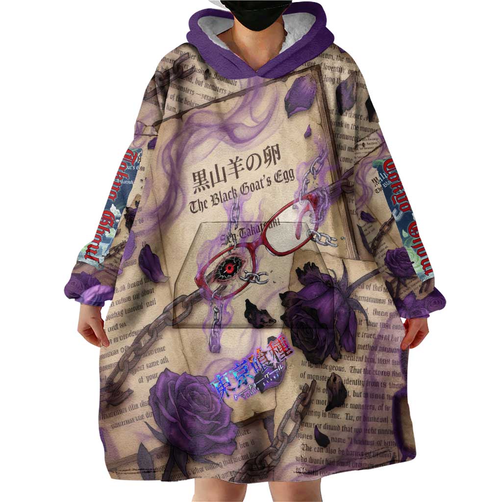 Rize Kamishiro Tokyo Ghoul Wearable Blanket Hoodie Gothic Collage Style with Newspaper and Purple Rose Motif