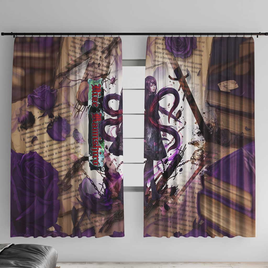 Rize Kamishiro Tokyo Ghoul Window Curtain Gothic Collage Style with Newspaper and Purple Rose Motif