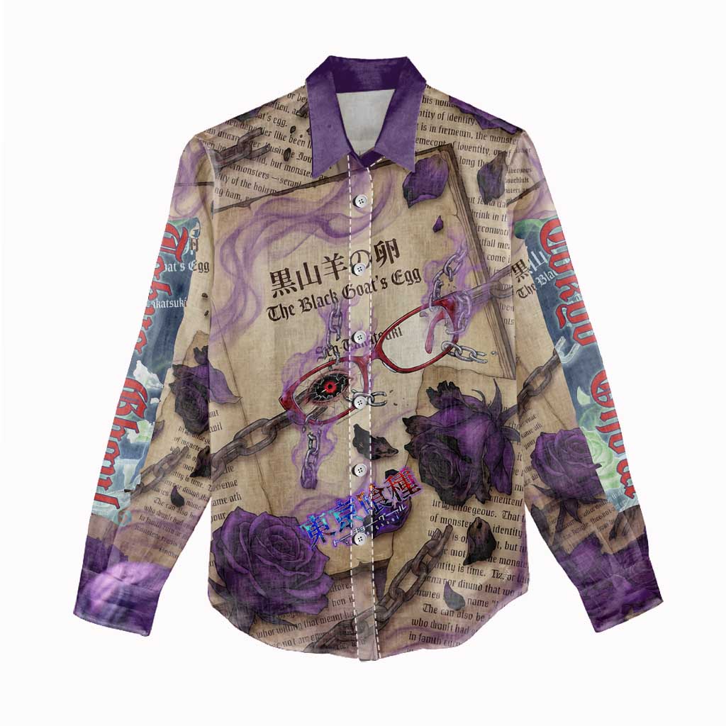 Rize Kamishiro Tokyo Ghoul Women Casual Shirt Gothic Collage Style with Newspaper and Purple Rose Motif