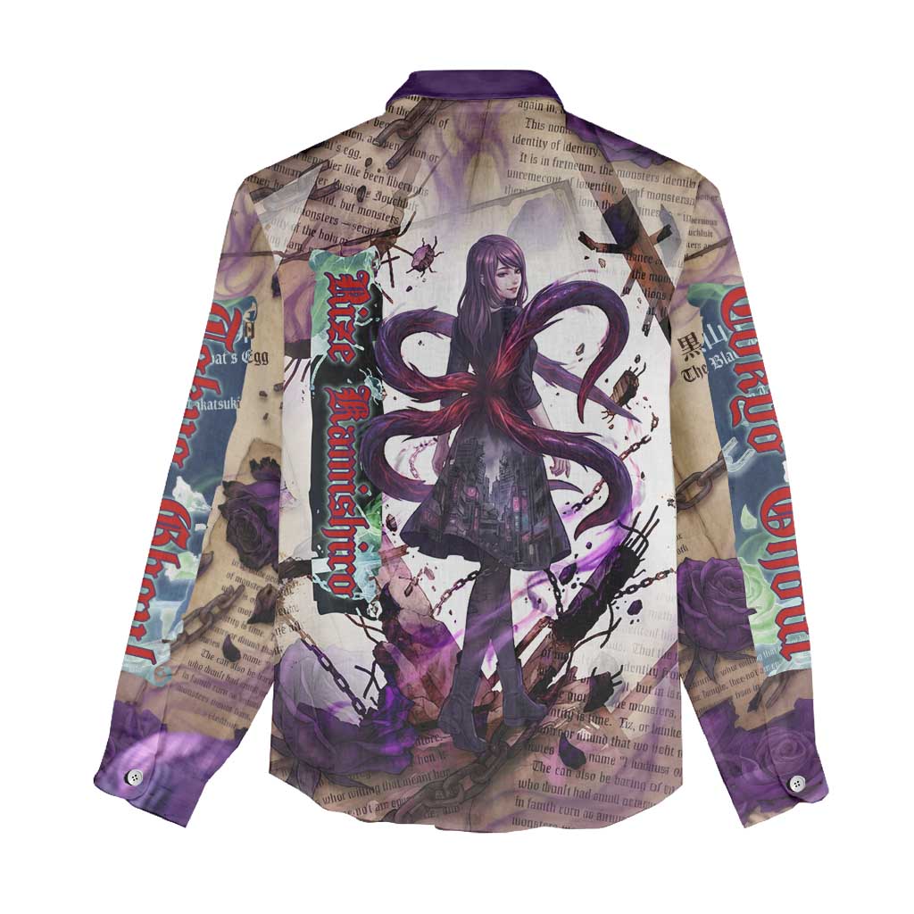 Rize Kamishiro Tokyo Ghoul Women Casual Shirt Gothic Collage Style with Newspaper and Purple Rose Motif
