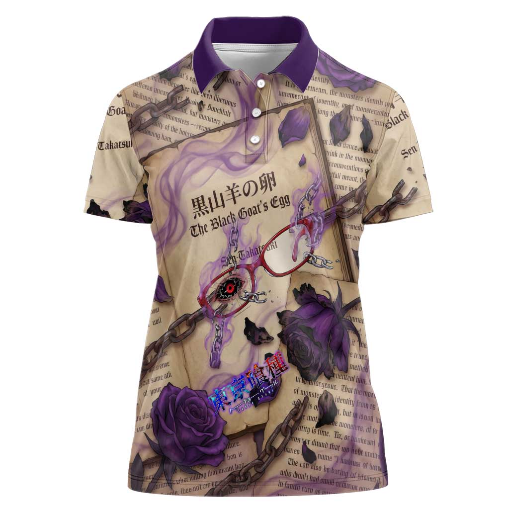 Rize Kamishiro Tokyo Ghoul Women Polo Shirt Gothic Collage Style with Newspaper and Purple Rose Motif