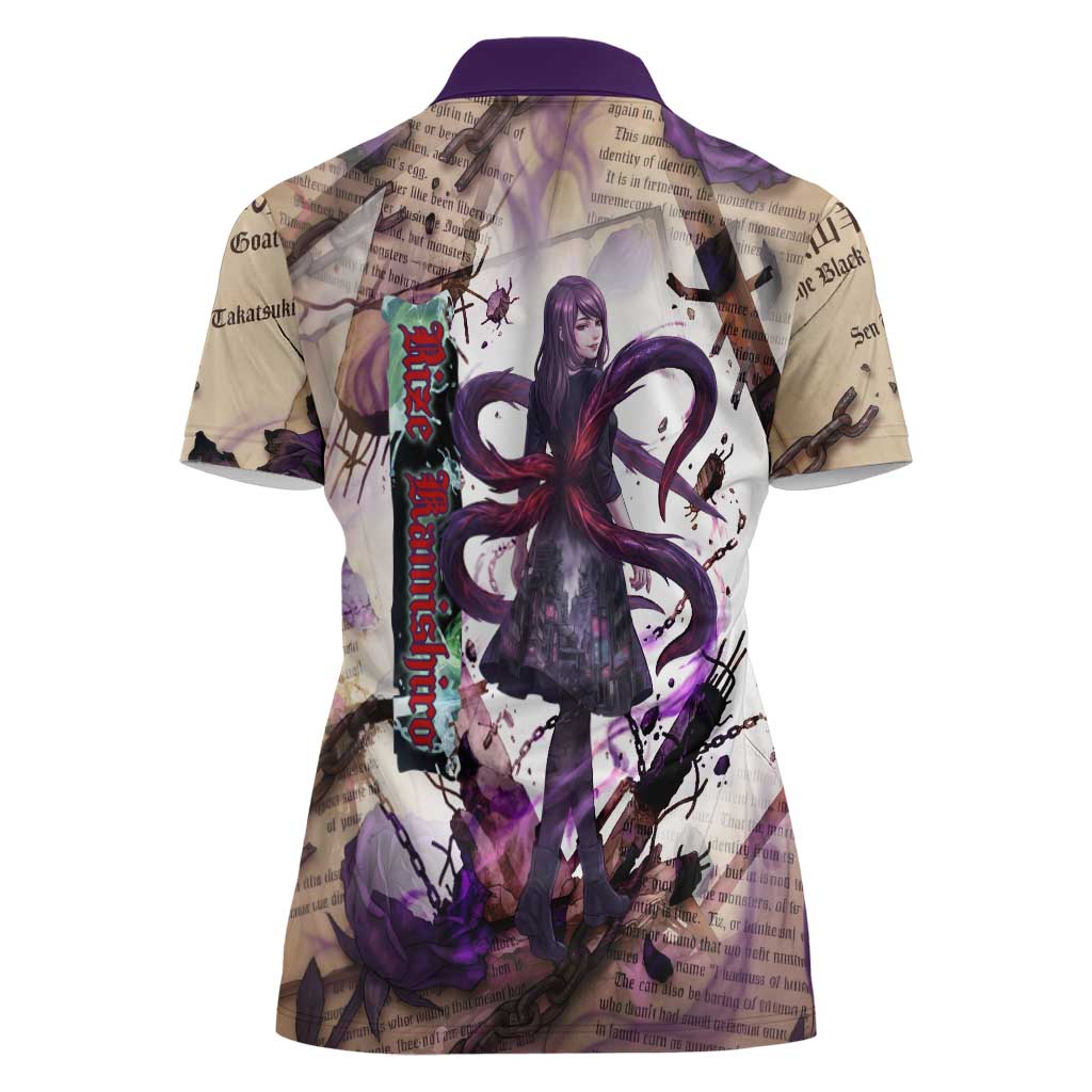 Rize Kamishiro Tokyo Ghoul Women Polo Shirt Gothic Collage Style with Newspaper and Purple Rose Motif