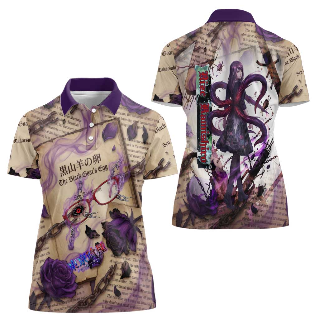 Rize Kamishiro Tokyo Ghoul Women Polo Shirt Gothic Collage Style with Newspaper and Purple Rose Motif
