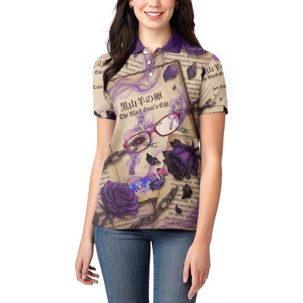 Rize Kamishiro Tokyo Ghoul Women Polo Shirt Gothic Collage Style with Newspaper and Purple Rose Motif