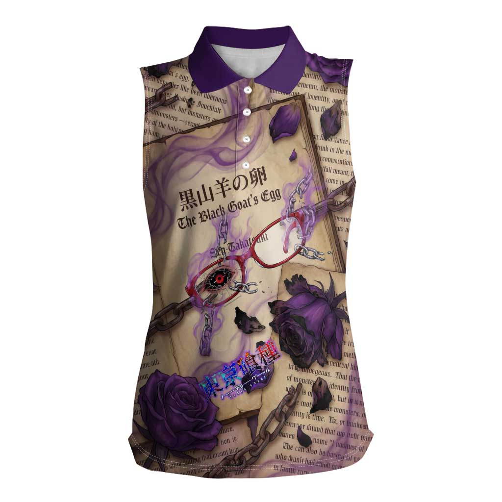 Rize Kamishiro Tokyo Ghoul Women Sleeveless Polo Shirt Gothic Collage Style with Newspaper and Purple Rose Motif