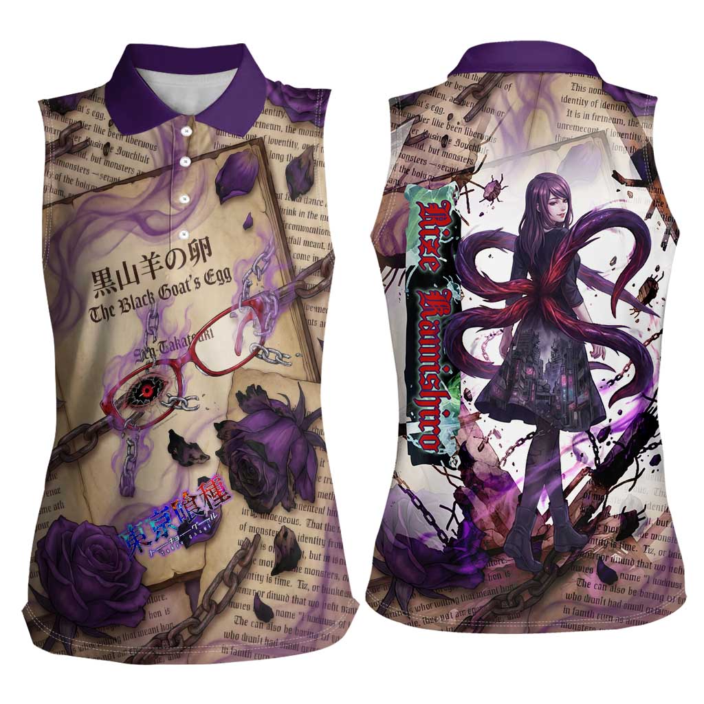 Rize Kamishiro Tokyo Ghoul Women Sleeveless Polo Shirt Gothic Collage Style with Newspaper and Purple Rose Motif
