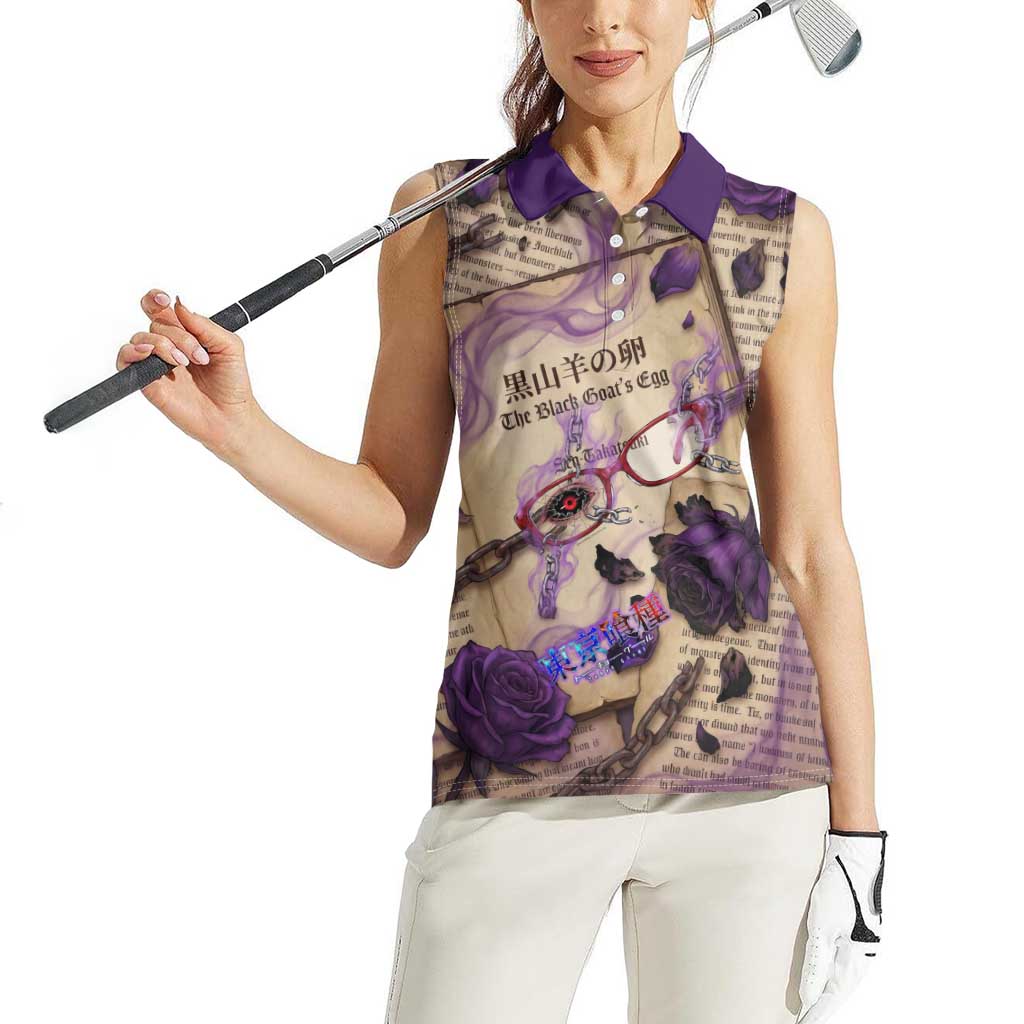 Rize Kamishiro Tokyo Ghoul Women Sleeveless Polo Shirt Gothic Collage Style with Newspaper and Purple Rose Motif