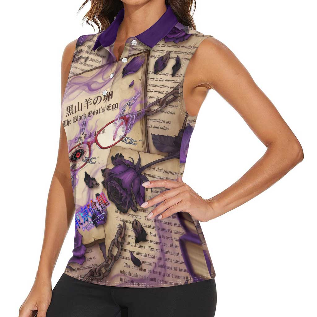 Rize Kamishiro Tokyo Ghoul Women Sleeveless Polo Shirt Gothic Collage Style with Newspaper and Purple Rose Motif
