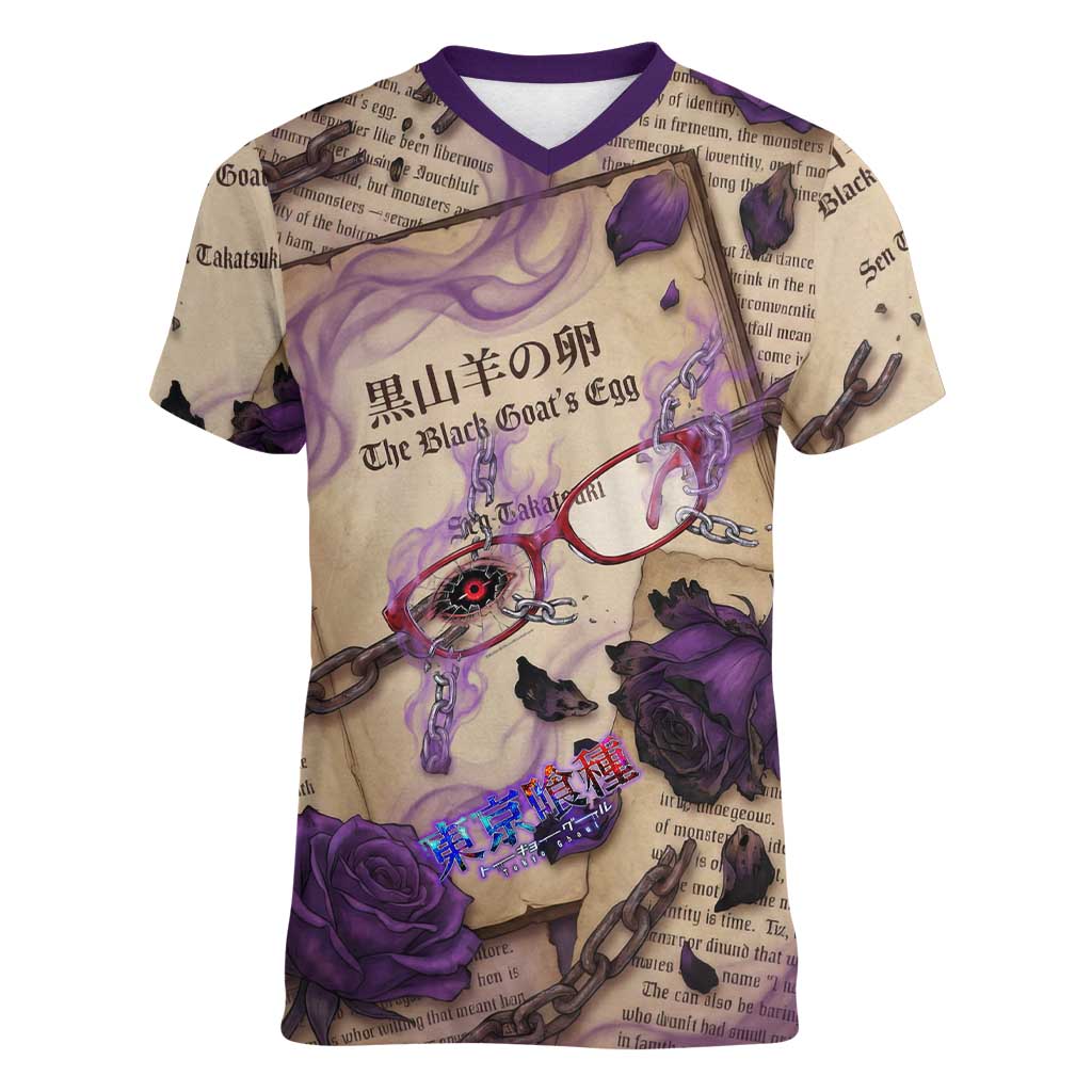 Rize Kamishiro Tokyo Ghoul Women V-Neck T-Shirt Gothic Collage Style with Newspaper and Purple Rose Motif