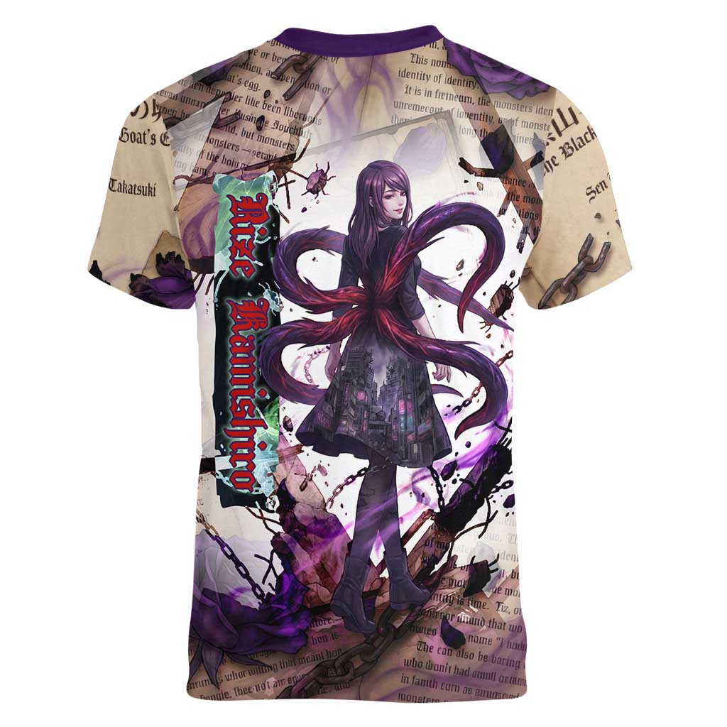 Rize Kamishiro Tokyo Ghoul Women V-Neck T-Shirt Gothic Collage Style with Newspaper and Purple Rose Motif