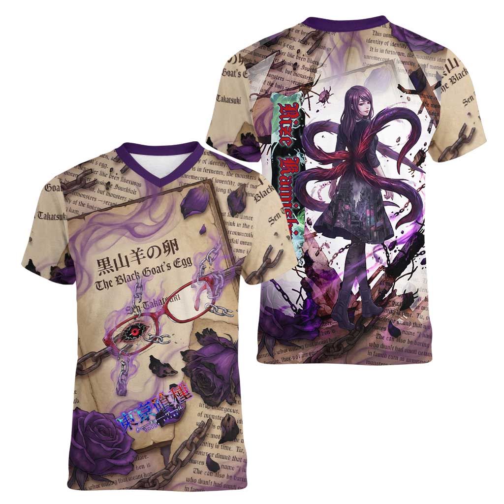 Rize Kamishiro Tokyo Ghoul Women V-Neck T-Shirt Gothic Collage Style with Newspaper and Purple Rose Motif