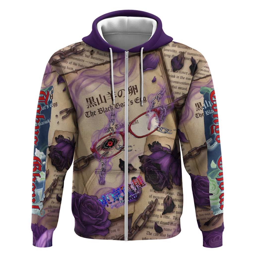 Rize Kamishiro Tokyo Ghoul Zip Hoodie Gothic Collage Style with Newspaper and Purple Rose Motif