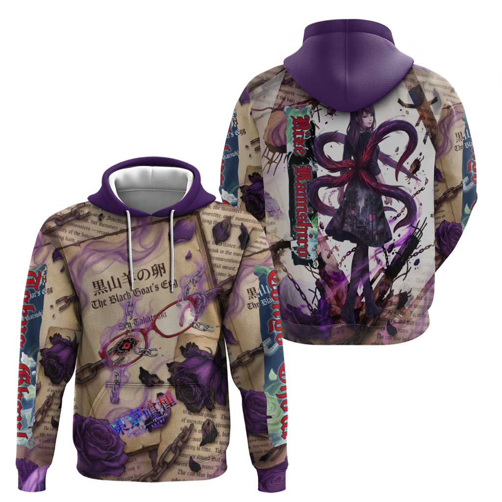 Rize Kamishiro Tokyo Ghoul Zip Hoodie Gothic Collage Style with Newspaper and Purple Rose Motif