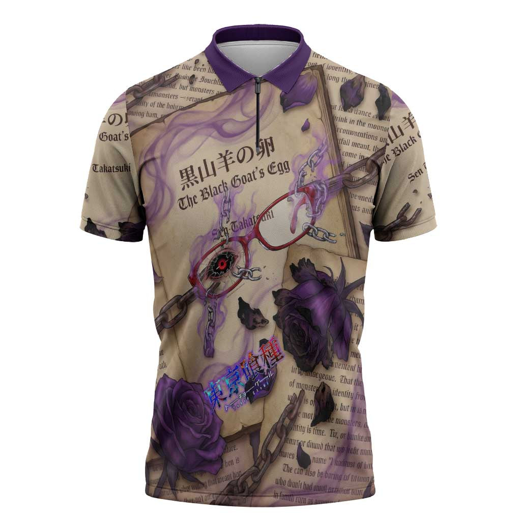 Rize Kamishiro Tokyo Ghoul Zipper Polo Shirt Gothic Collage Style with Newspaper and Purple Rose Motif