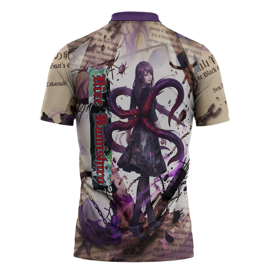 Rize Kamishiro Tokyo Ghoul Zipper Polo Shirt Gothic Collage Style with Newspaper and Purple Rose Motif