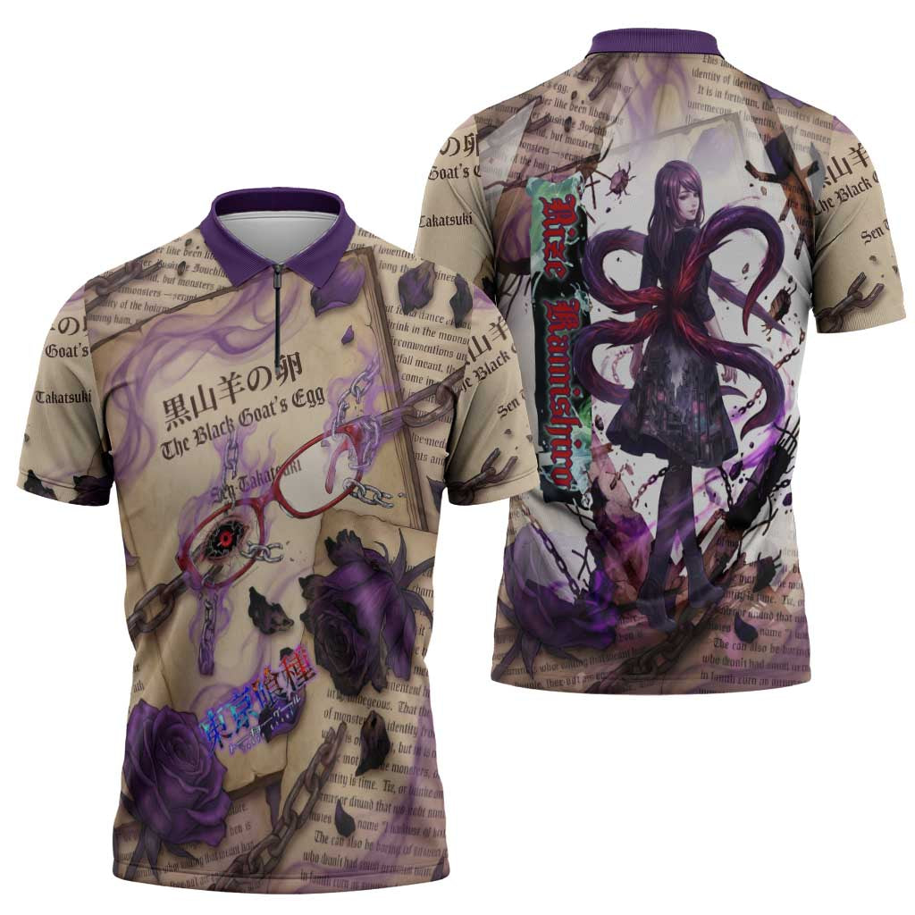 Rize Kamishiro Tokyo Ghoul Zipper Polo Shirt Gothic Collage Style with Newspaper and Purple Rose Motif