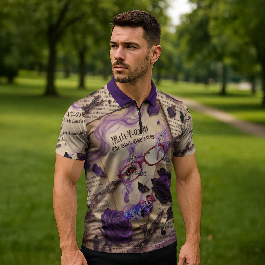 Rize Kamishiro Tokyo Ghoul Zipper Polo Shirt Gothic Collage Style with Newspaper and Purple Rose Motif