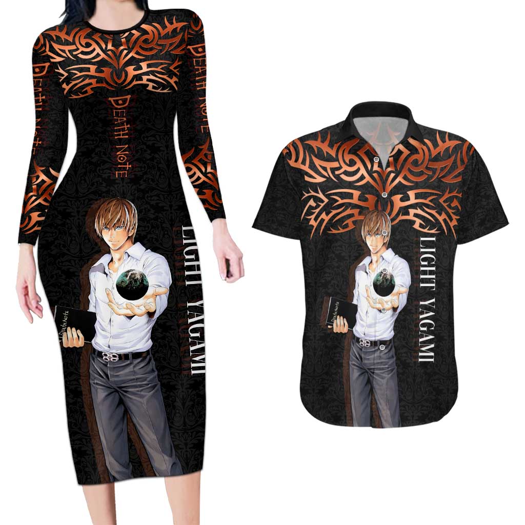 Light Yagami Death Note Couples Matching Long Sleeve Bodycon Dress and Hawaiian Shirt Tribal Anime Fusion Style