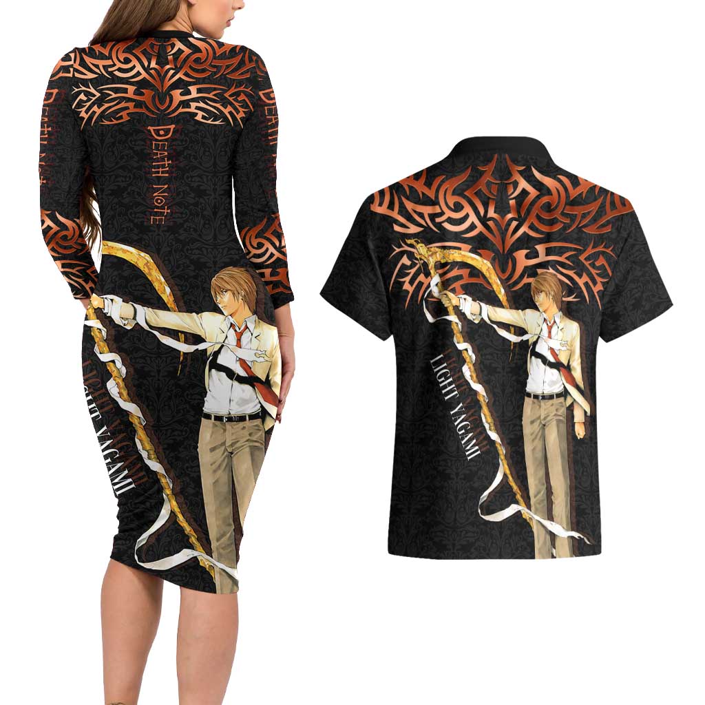 Light Yagami Death Note Couples Matching Long Sleeve Bodycon Dress and Hawaiian Shirt Tribal Anime Fusion Style