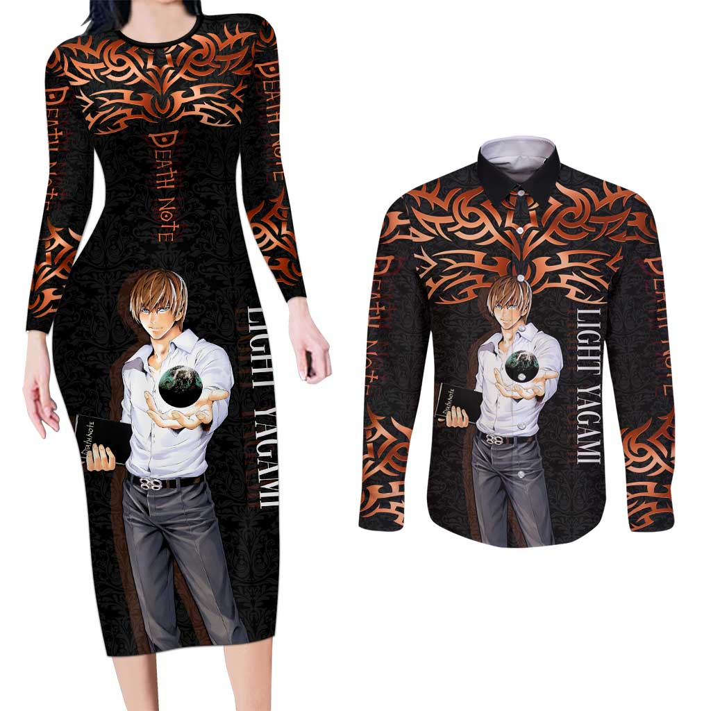 Light Yagami Death Note Couples Matching Long Sleeve Bodycon Dress and Long Sleeve Button Shirt Tribal Anime Fusion Style