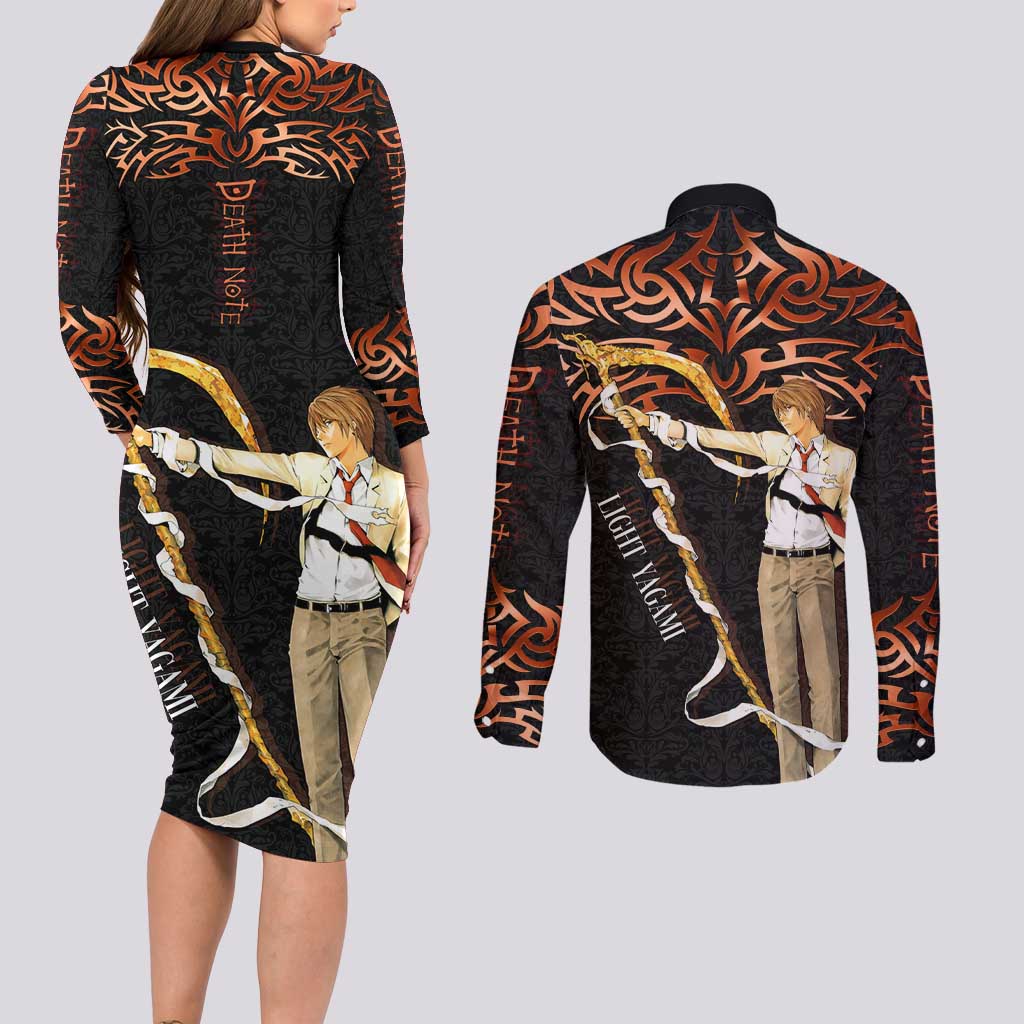 Light Yagami Death Note Couples Matching Long Sleeve Bodycon Dress and Long Sleeve Button Shirt Tribal Anime Fusion Style