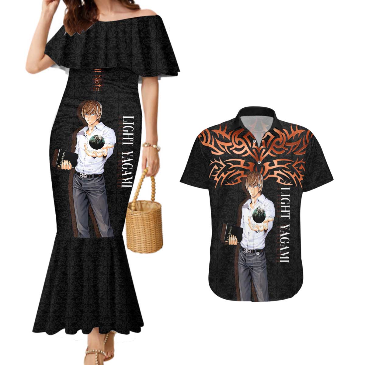Light Yagami Death Note Couples Matching Mermaid Dress and Hawaiian Shirt Tribal Anime Fusion Style