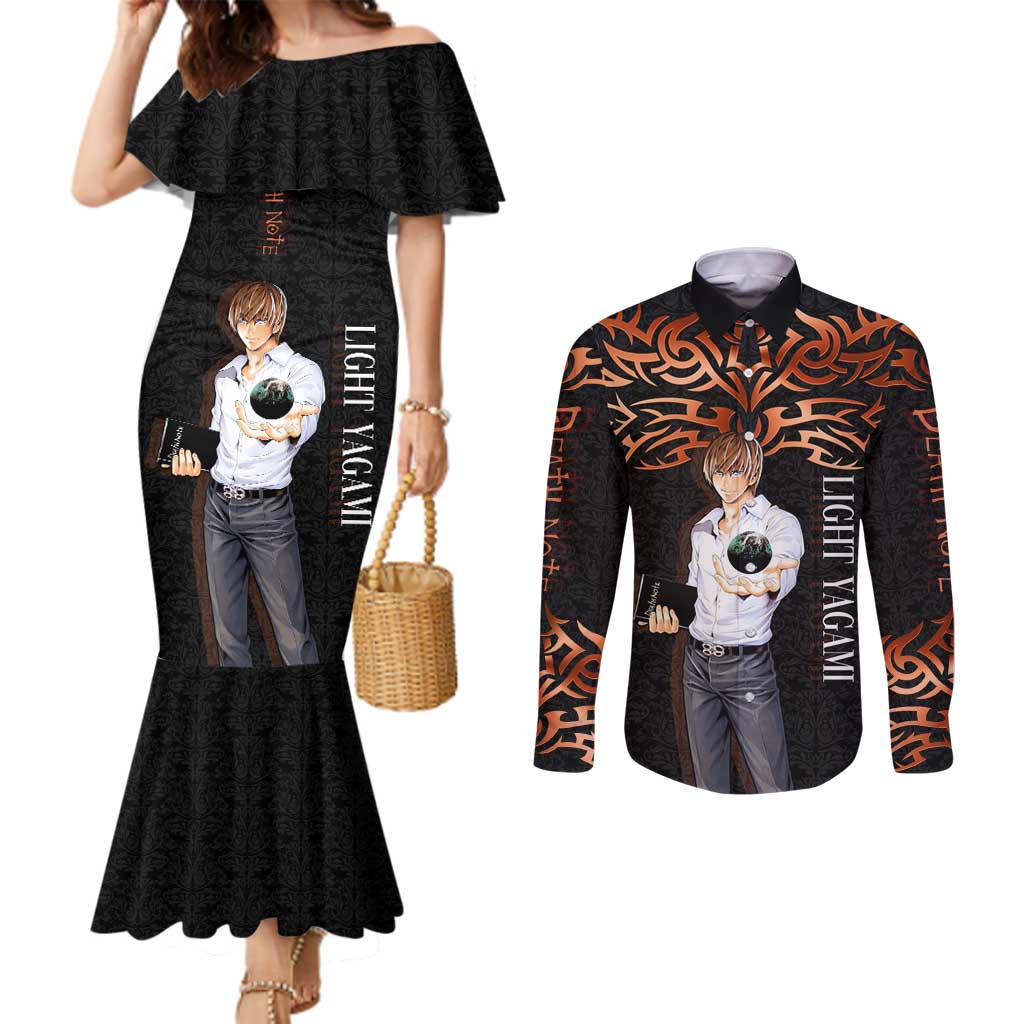 Light Yagami Death Note Couples Matching Mermaid Dress and Long Sleeve Button Shirt Tribal Anime Fusion Style