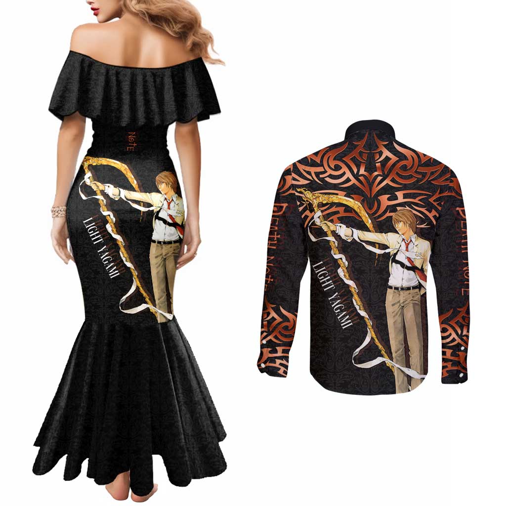 Light Yagami Death Note Couples Matching Mermaid Dress and Long Sleeve Button Shirt Tribal Anime Fusion Style