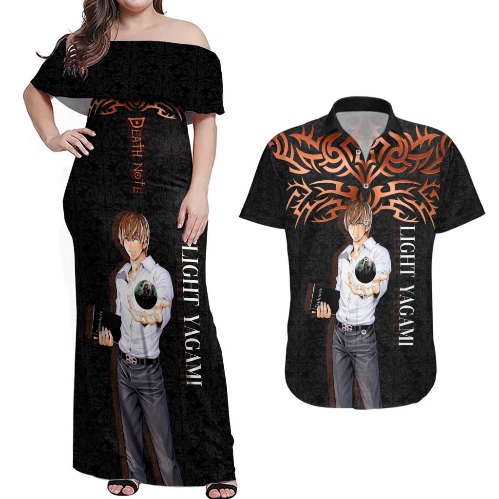 Light Yagami Death Note Couples Matching Off Shoulder Maxi Dress and Hawaiian Shirt Tribal Anime Fusion Style