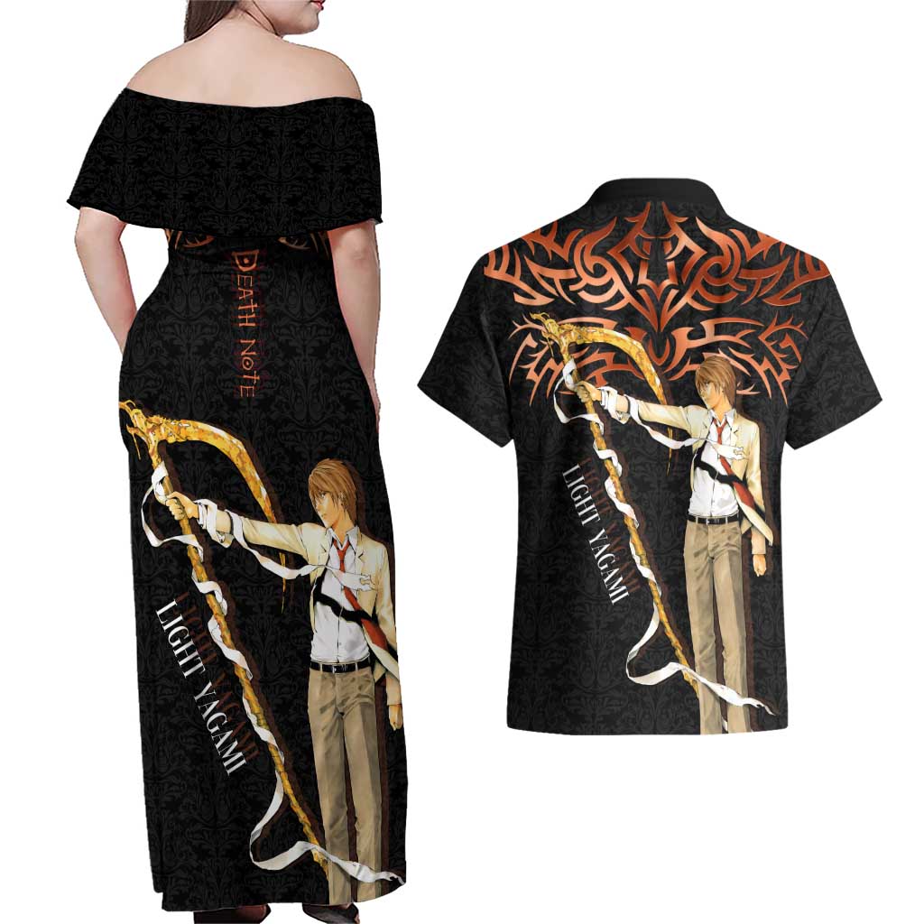 Light Yagami Death Note Couples Matching Off Shoulder Maxi Dress and Hawaiian Shirt Tribal Anime Fusion Style