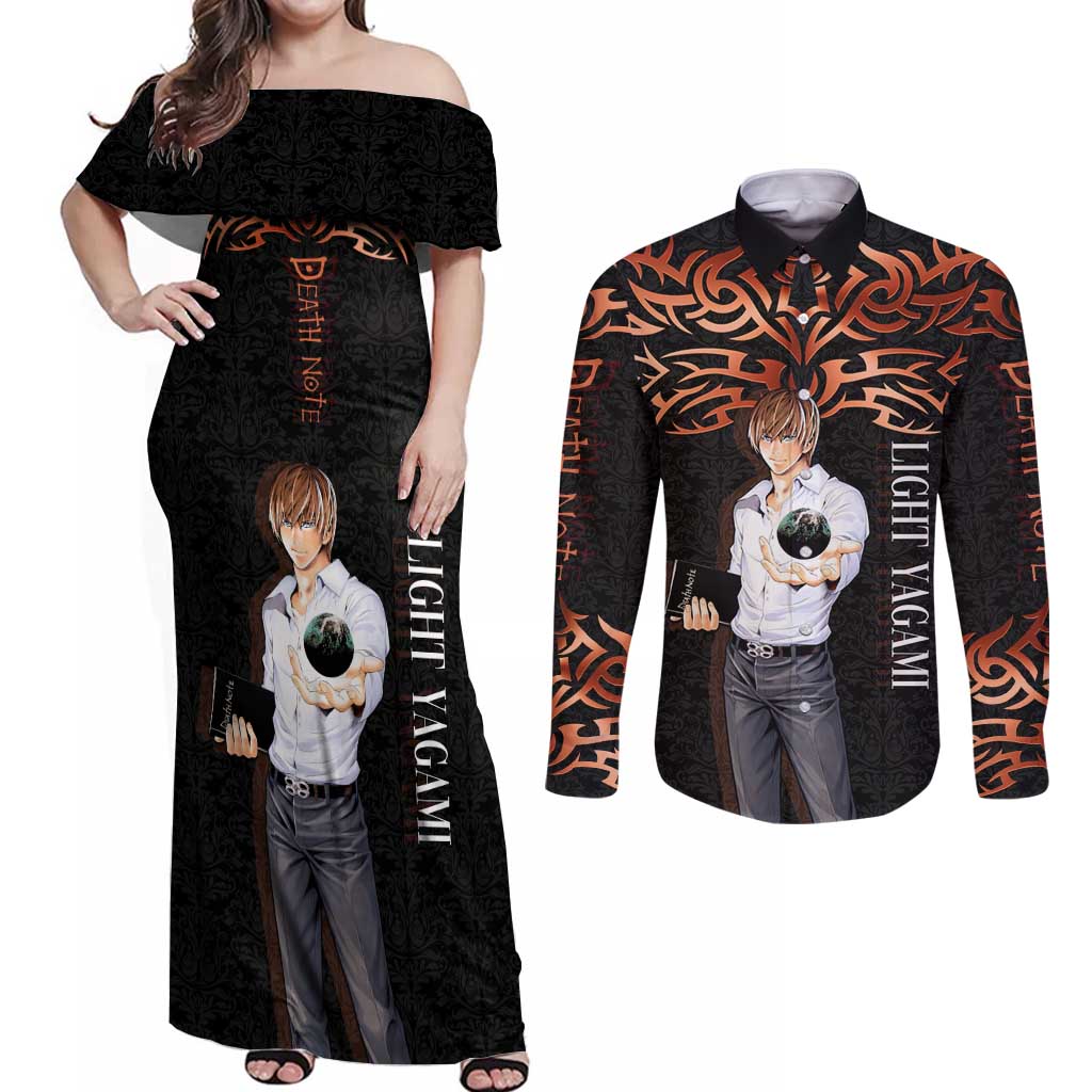 Light Yagami Death Note Couples Matching Off Shoulder Maxi Dress and Long Sleeve Button Shirt Tribal Anime Fusion Style