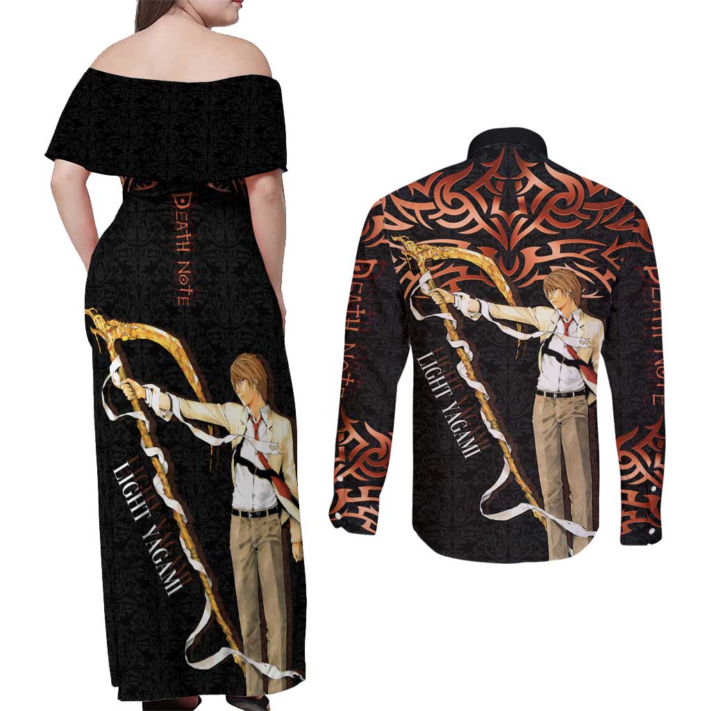 Light Yagami Death Note Couples Matching Off Shoulder Maxi Dress and Long Sleeve Button Shirt Tribal Anime Fusion Style