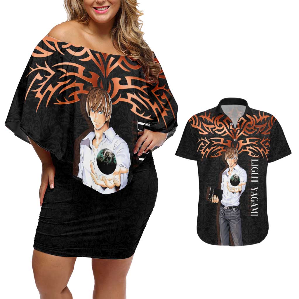 Light Yagami Death Note Couples Matching Off Shoulder Short Dress and Hawaiian Shirt Tribal Anime Fusion Style