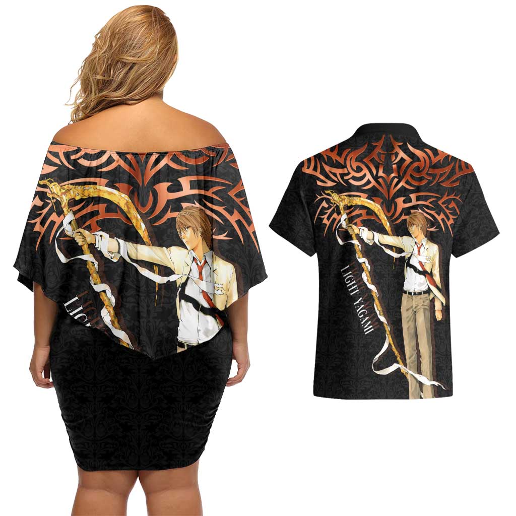 Light Yagami Death Note Couples Matching Off Shoulder Short Dress and Hawaiian Shirt Tribal Anime Fusion Style
