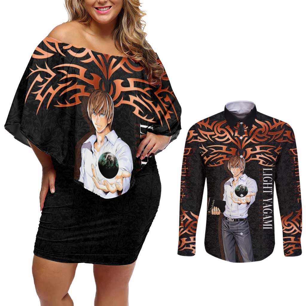 Light Yagami Death Note Couples Matching Off Shoulder Short Dress and Long Sleeve Button Shirt Tribal Anime Fusion Style